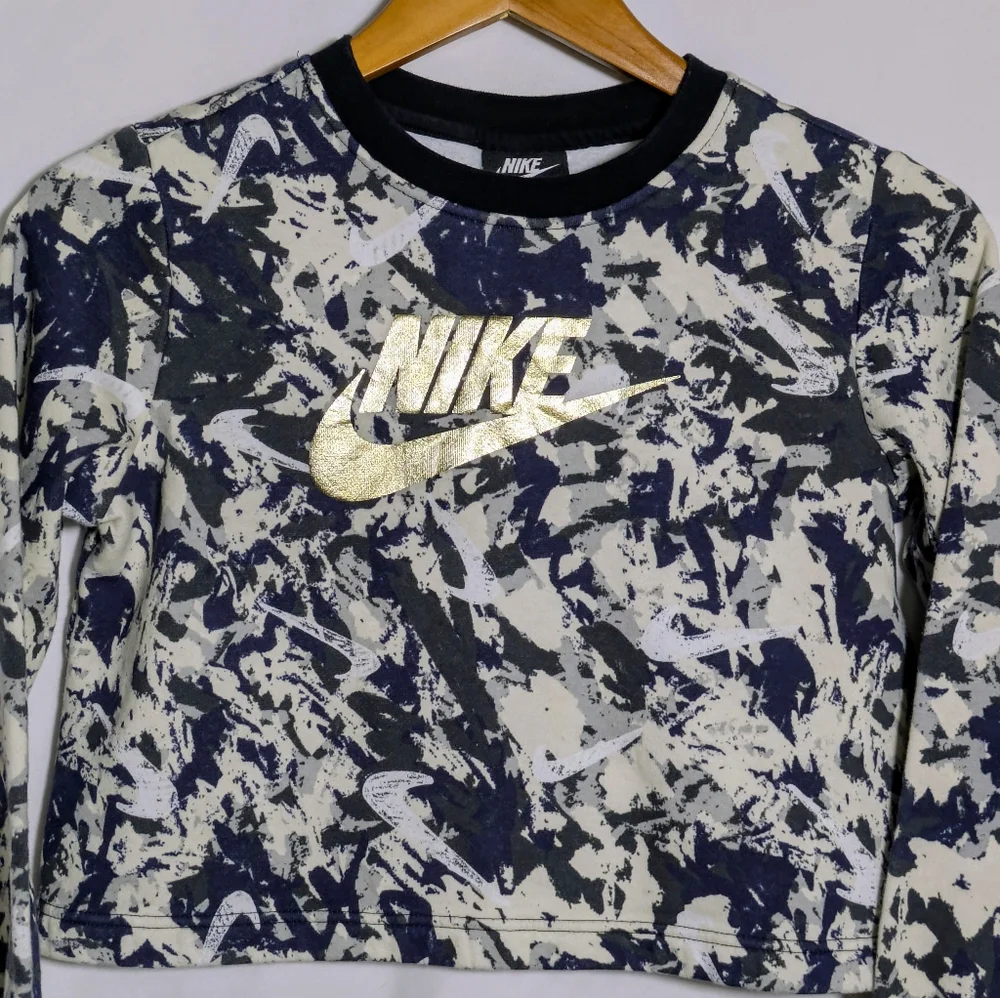 Girls Youth Nike Cropped ‎ Crewneck Sweatshirt, Blue, Cream, Gold Swoosh, Sz L
